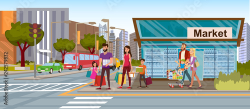 Family Shopping in City Market Flat Vector Concept