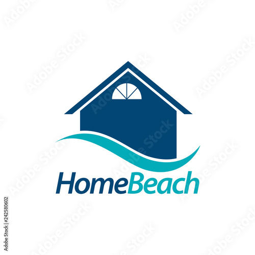 Home beach. house icon with blue wave logo concept design template