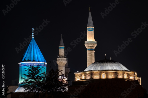 Mevlana museum mosque in Konya at night, Turkey photo