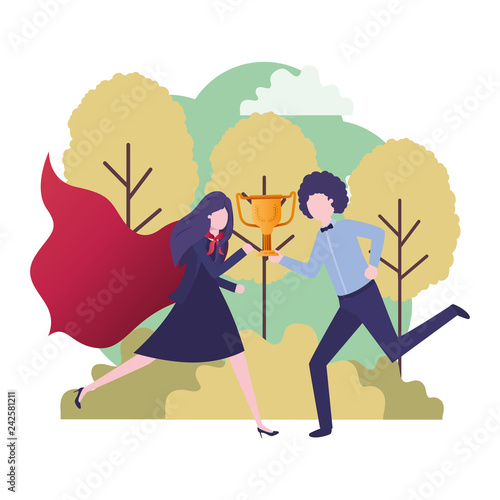 business couple with hero coat and trophy