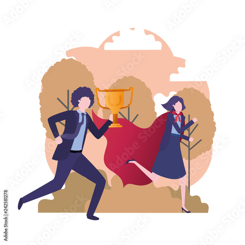 business couple with hero coat and trophy