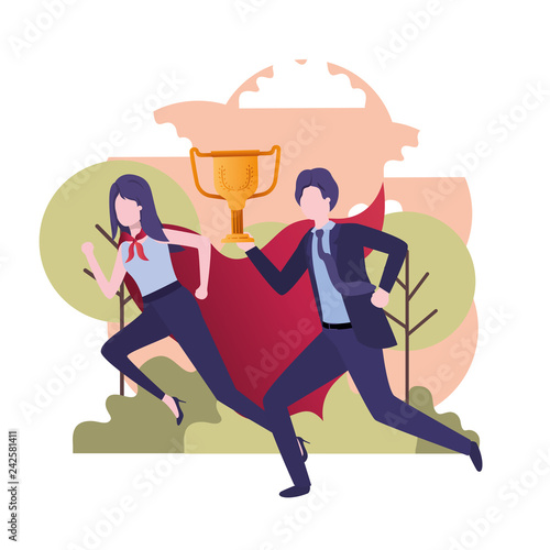 business couple with hero coat and trophy