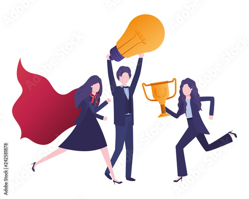 group of business with trophy and light bulb