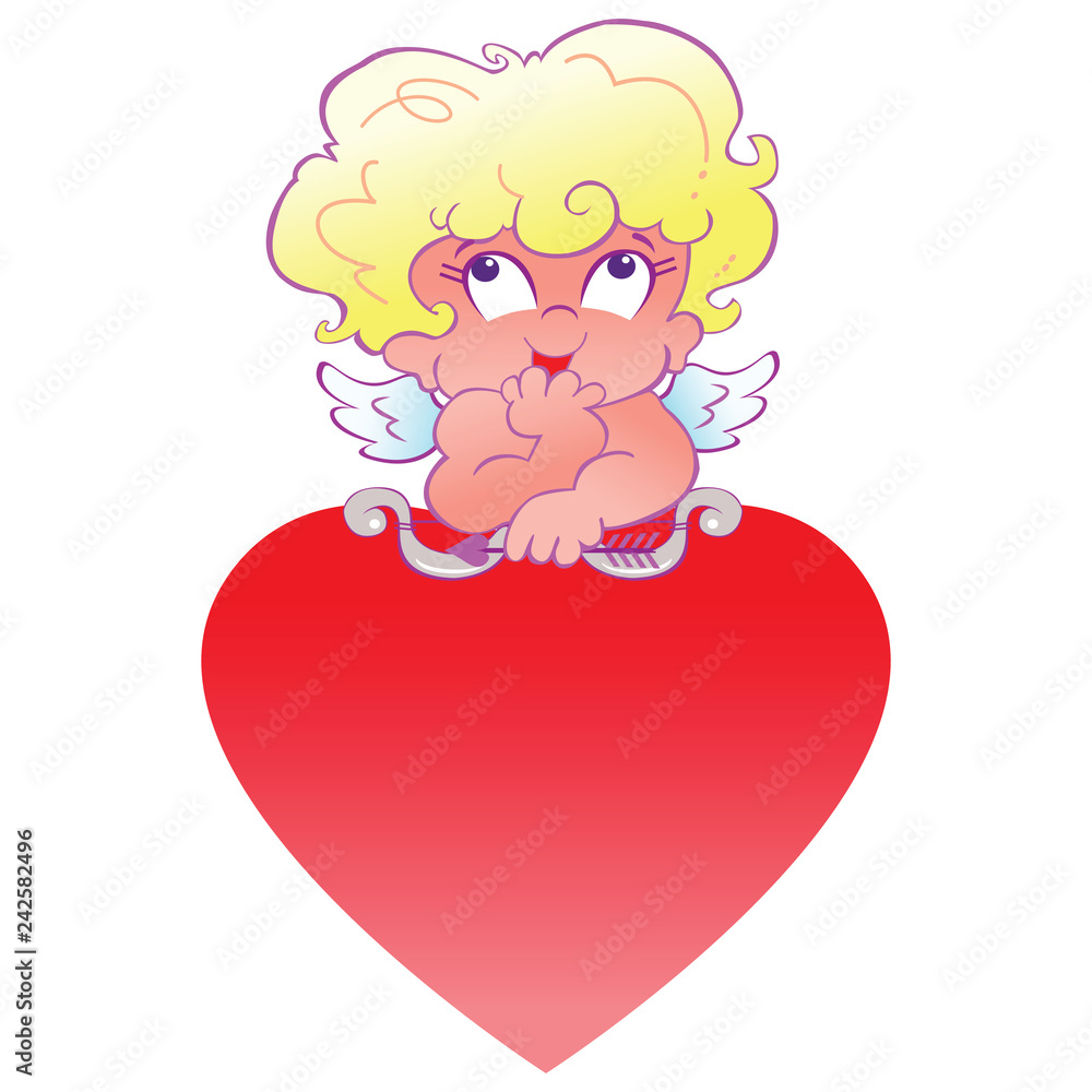 cute cupid resting on big red heart