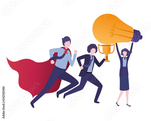 group of business with trophy and light bulb