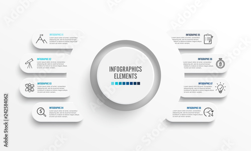 Vector infographic template with 3D paper label, integrated circles. Business concept with 8 options. For content, diagram, flowchart, steps, parts, timeline infographics, workflow, chart.