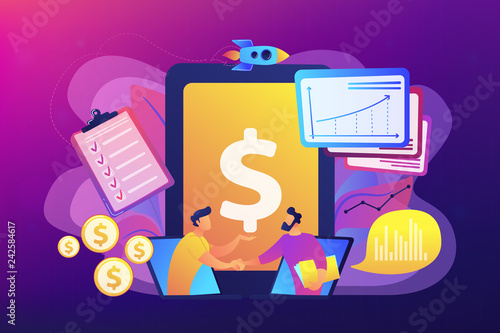 Demand analysts shaking hands from laptops screens and planning future demand. Demand planning, demand analytics, digital sales forecast concept. Bright vibrant violet vector isolated illustration