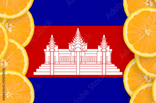 Cambodia flag  in citrus fruit slices vertical frame photo