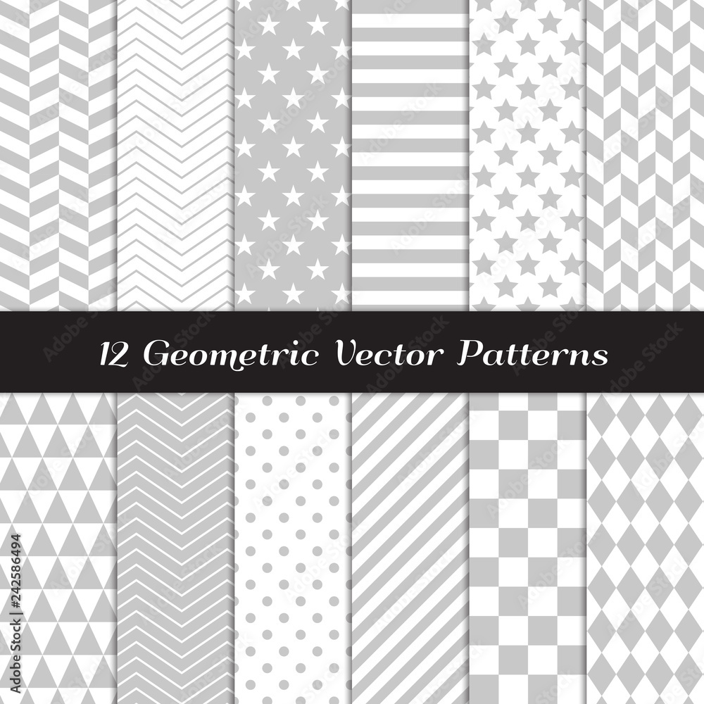 Light Gray and White Geometric Vector Patterns. Herringbone, Harlequin, Triangles, Chevron, Dots, Checks, Stars & Stripes Print Backgrounds. Pattern Tile Swatches included.