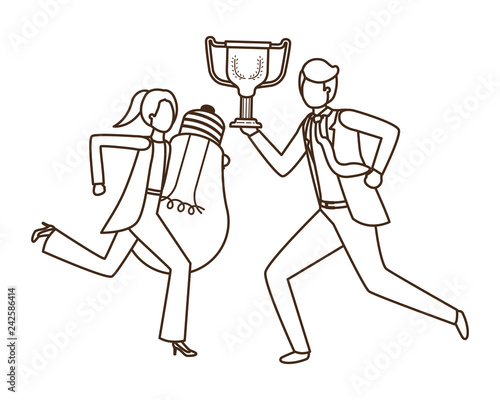 business couple with trophy and light bulb