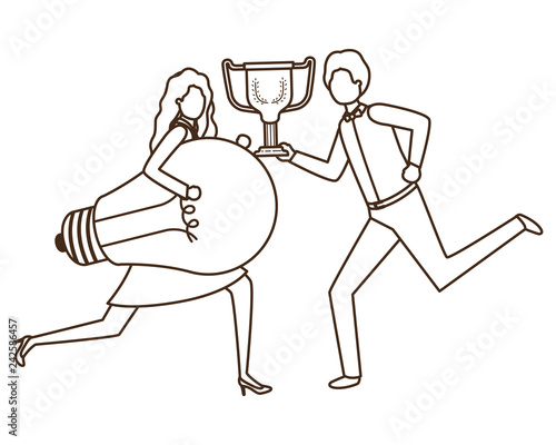 business couple with trophy and light bulb