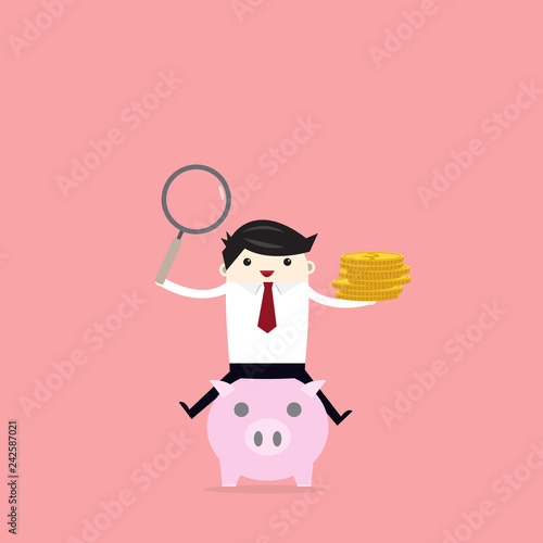 Business man hold Magnifying glass find to investment, financial savings long-term deposit investment .