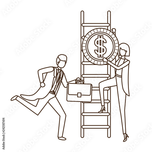 business couple with dollar sign and stair