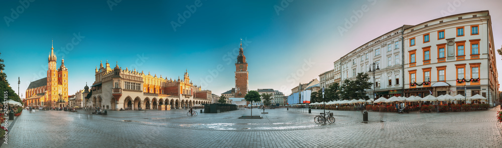 Krakow, Poland. Landmarks On Old Town Square In Summer Evening. 