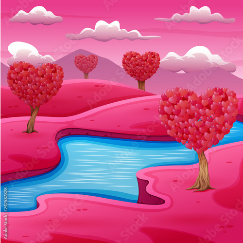 Cartoon pink field landscape with a river