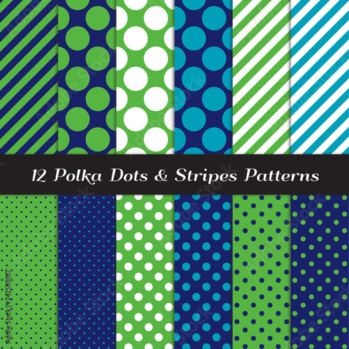 Green, Navy, Blue and White Mixed Polka Dots and Candy Stripes Seamless Vector Patterns. Modern Preppy Style Prints. Pattern Tile Swatches included.
