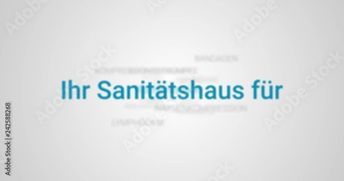Intro welches die Leistungen eines Sanitätshauses zeigt. Grauer Hintergrund, blaue Schrift