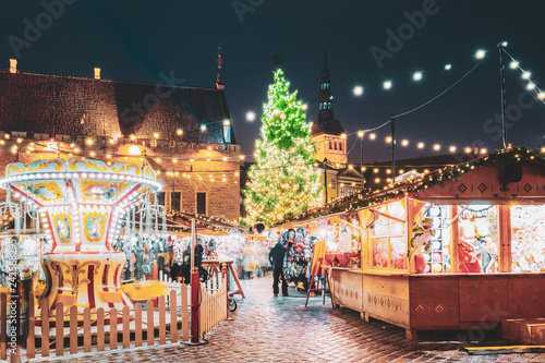 Tallinn, Estonia. Traditional Christmas Market On Town Hall Squa
