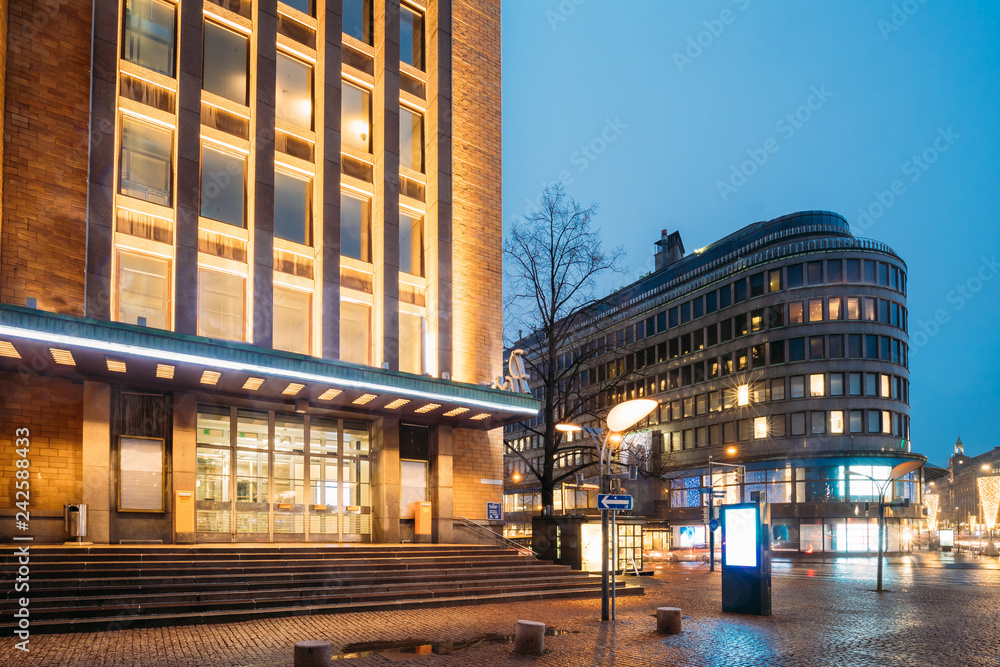Helsinki, Finland. Post Office Building And Hotel In Evening Nig