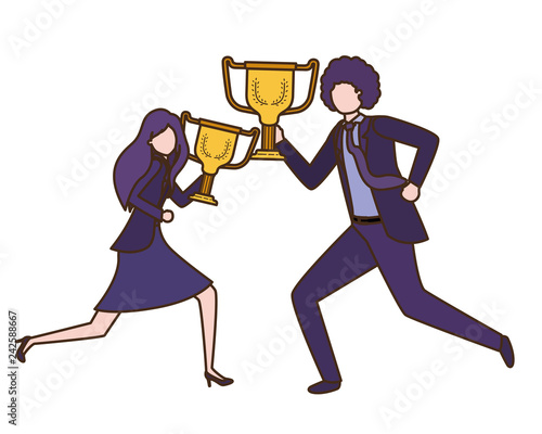 business couple with trophies avatar character