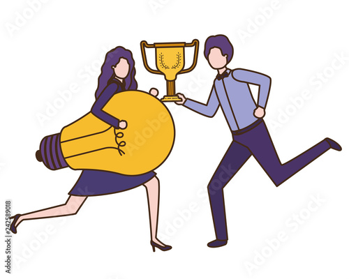 business couple with trophy and light bulb
