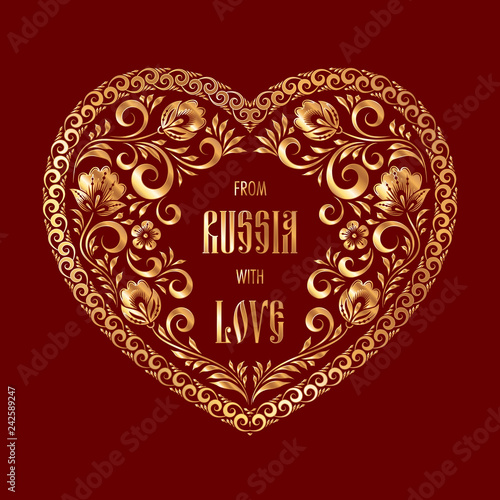 Heart-shaped frame in russian traditional style khokhloma painting. Design element for Valentines Day card