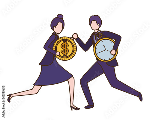 business couple with clock and dollar avatar character