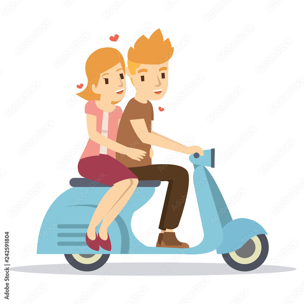 Happy couple riding a classic scooter in valentine day Happy couple riding a classic scooter in valentine day