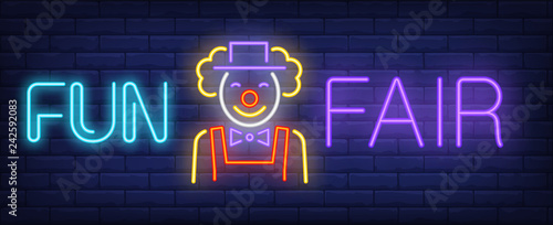 Fun fair neon text with smiling clown. Fair advertisement design. Night bright neon sign, colorful billboard, light banner. Vector illustration in neon style.