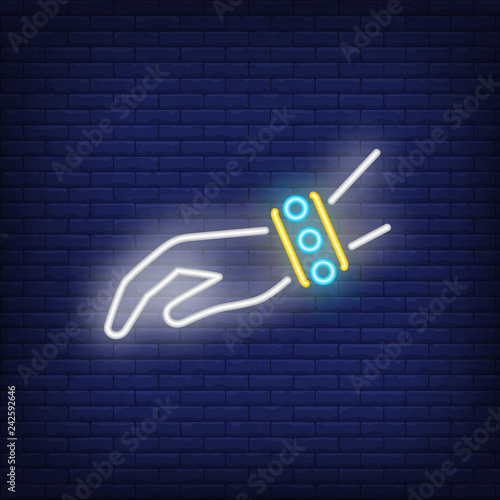 Bracelet neon sign. Yellow and blue jewel on woman wrist on brick wall background. Vector illustration in neon style for topics like jewelry, gift, shop