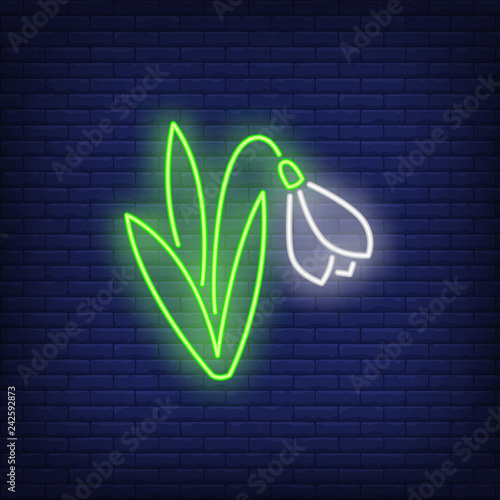 Snowdrop neon sign. Single flower with green leaves on brick wall background. Vector illustration in neon style for topics like spring, march, forest