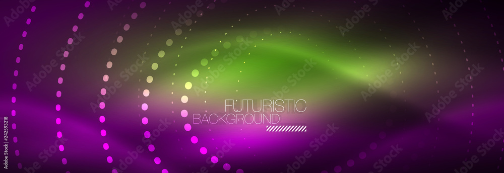 Glowing neon circle line dots, round line design, abstract style on black background. Neon abstract round circles Magic neon lights and glowing dots