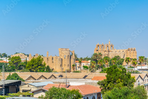 Aerial view of Famagusta dominated by Lala Mustafa Pasa Mosque and church of saint George of the Greeks, Cyprus photo