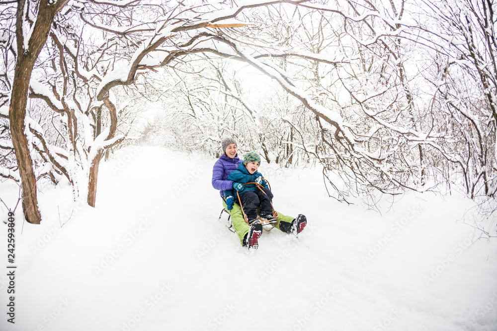 A woman with her son rides down the hill in a sleigh.
