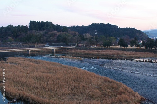 Kuma River flows through the historic town of Hitoyoshi at dawn