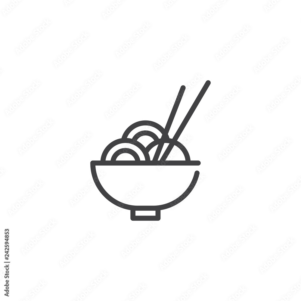 Bowl of Noodles with Chopsticks line icon. linear style sign for mobile concept and web design. Chinese food noodles outline vector icon. Symbol, logo illustration. Pixel perfect vector graphics Bowl of Noodles with Chopsticks line icon. linear style sign for mobile concept and web design. Chinese food noodles outline vector icon. Symbol, logo illustration. Pixel perfect vector graphics