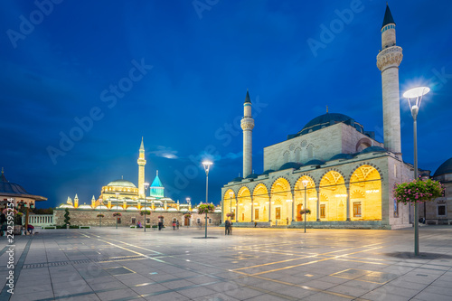 View of Selimiye Mosque and Mevlana Museum at night in Konya, Turkey photo
