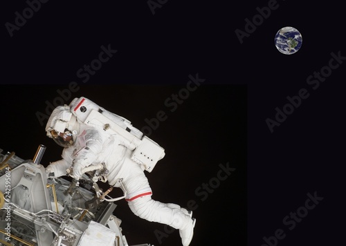 floating astronaut doing a spacecraft repair with the planet earth in the background (composite image with some elements courtesy of nasa)