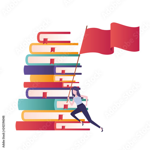 businesswoman with stack of books and flag