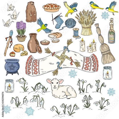 Set of colorful spring doodles. Beginning of spring symbols. Imbolc wiccan holiday sketch doodles. Brigids cross, groundhog, snowdrops, cleaning, sheaf of wheat, lamb, candles