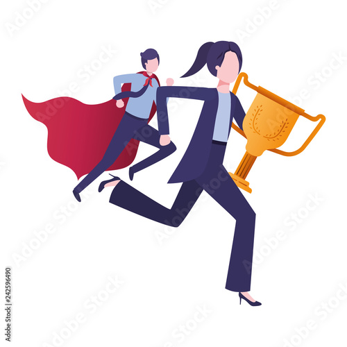 business couple with hero coat and trophy