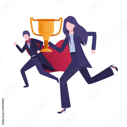 business couple with hero coat and trophy