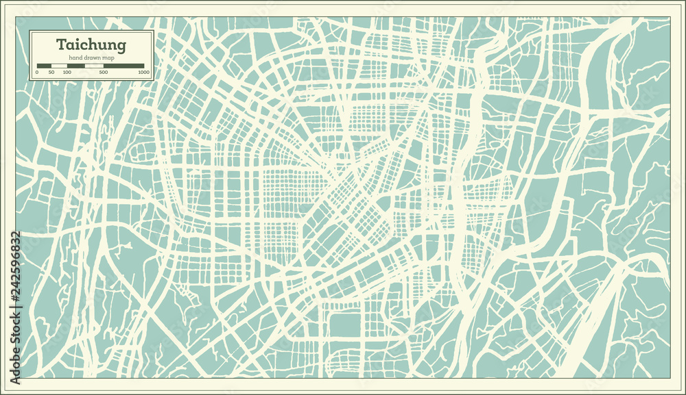 Taichung Taiwan City Map in Retro Style. Outline Map.