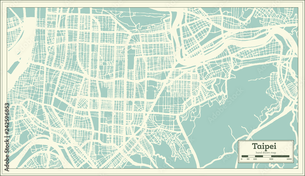 Taipei Taiwan City Map in Retro Style. Outline Map.