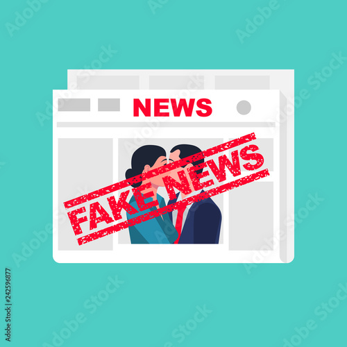 Fake News. Man and woman in the photo are kissing. Newspaper with false information. Vector illustration flat design. Isolated on background. Red print on the newspaper.