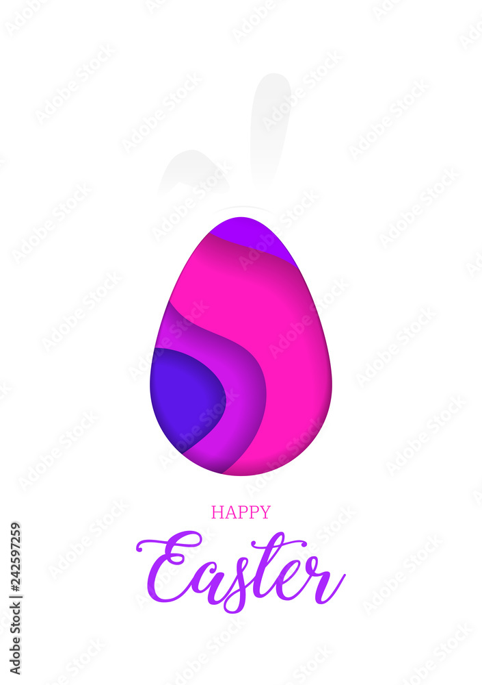 Happy Easter greeting card, 3d paper cut waves in the shape of Easter egg and rabbit’s ears, bright colours. Vector Illustration.
