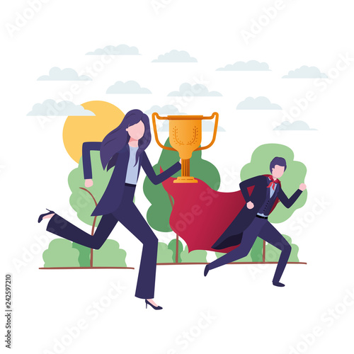 business couple with hero coat and trophy