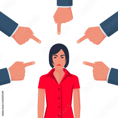 Accusation concept. Sad businesswoman. People point fingers at sad person. Public victim. Vector illustration flat design. Isolated on white background. Harassment coworkers. Victim worker.
