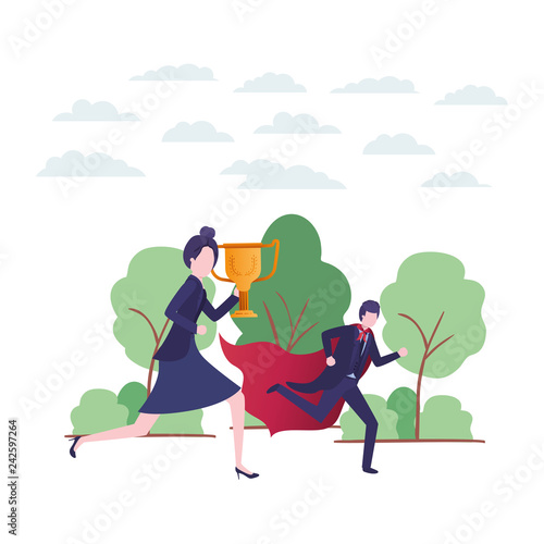 business couple with hero coat and trophy