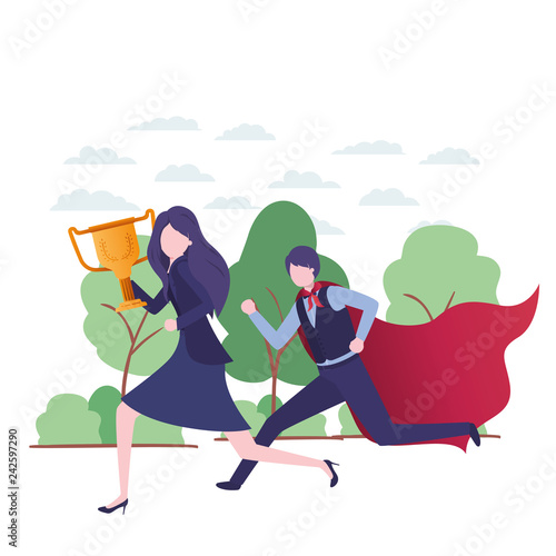 business couple with hero coat and trophy